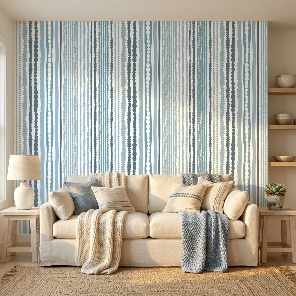 Sapphire Bead coastal blue stripe wallpaper in a warm and inviting living room