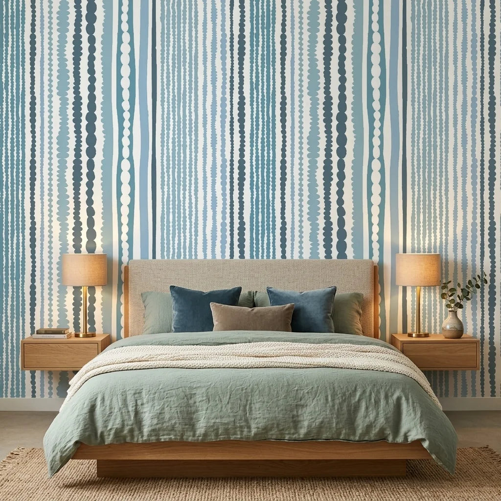 Sapphire Bead coastal blue stripe wallpaper adding character to a cozy bedroom