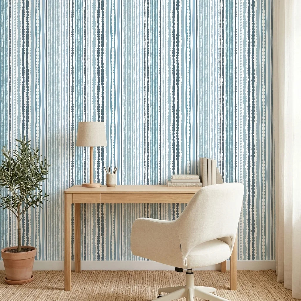 Sapphire Bead coastal blue stripe wallpaper as a feature wall in a bright home office