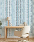 Sapphire Bead coastal blue stripe wallpaper as a feature wall in a bright home office