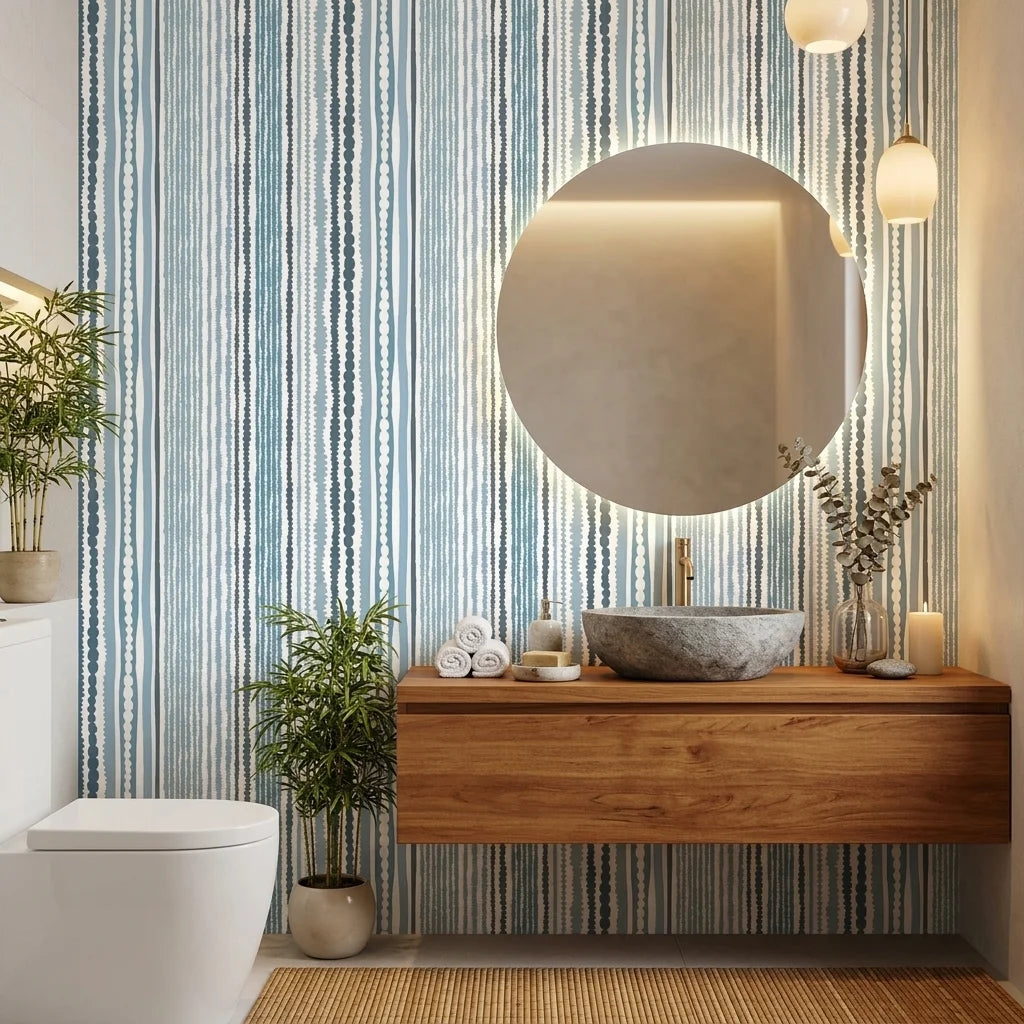 Sapphire Bead coastal blue stripe wallpaper creating ambiance in a serene bathroom