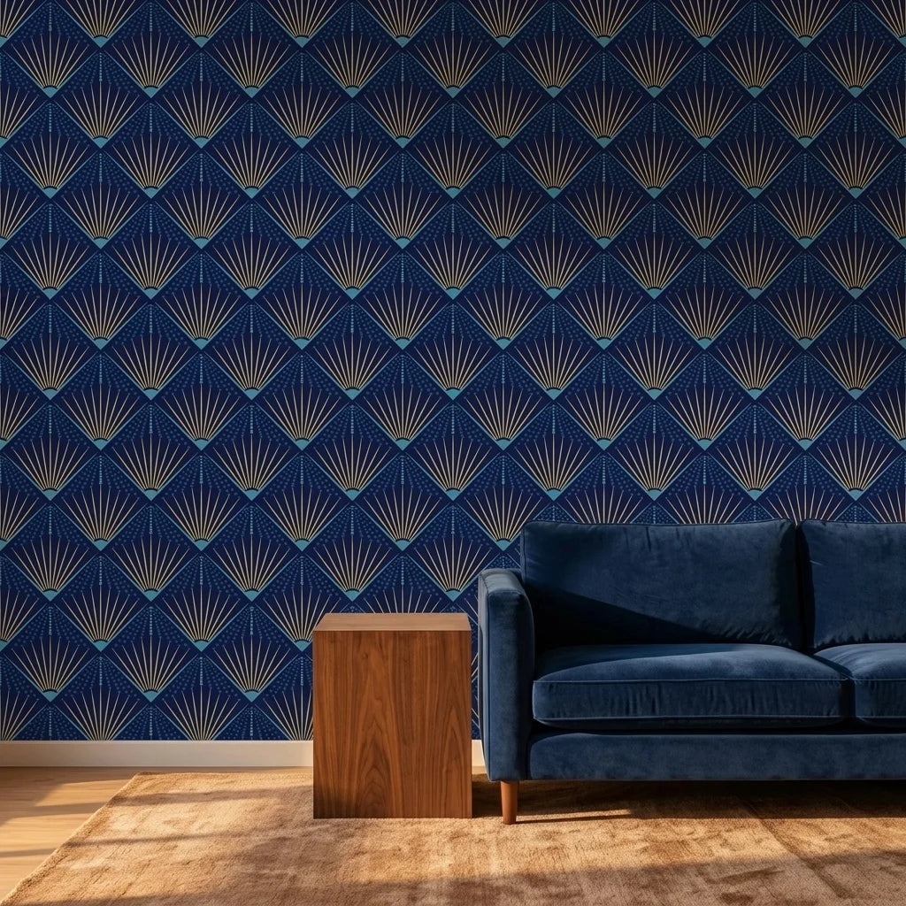 Sapphire Burst elegant navy and gold art deco wallpaper creating ambiance in a serene bathroom