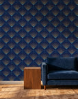 Sapphire Burst elegant navy and gold art deco wallpaper creating ambiance in a serene bathroom