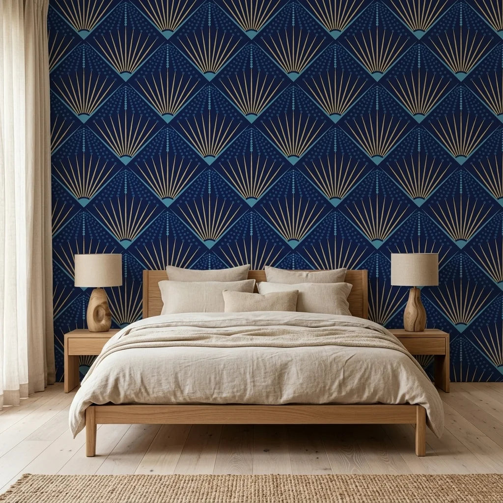 Sapphire Burst elegant navy and gold art deco wallpaper in a warm and inviting living room