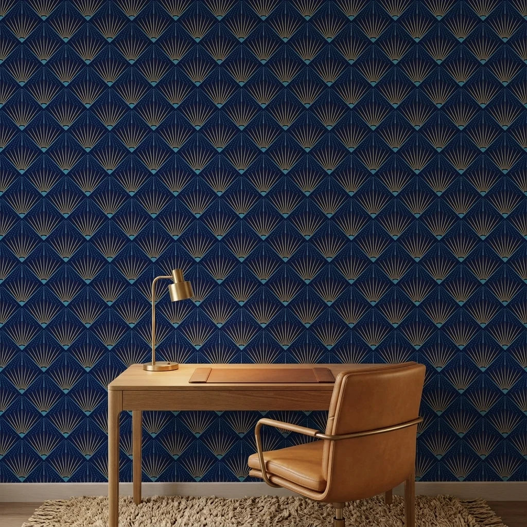 Sapphire Burst elegant navy and gold art deco wallpaper adding character to a cozy bedroom