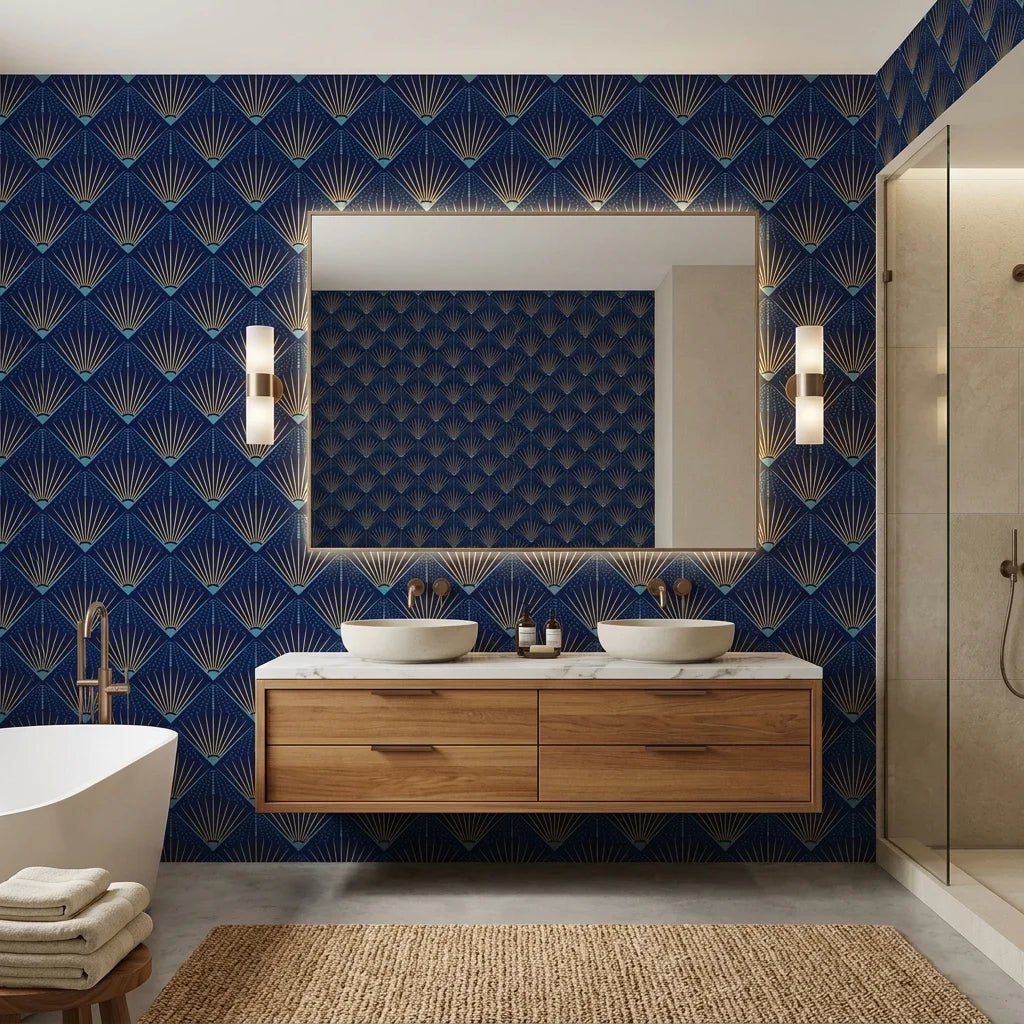 Sapphire Burst elegant navy and gold art deco wallpaper as a feature wall in a bright home office