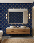 Sapphire Burst elegant navy and gold art deco wallpaper as a feature wall in a bright home office