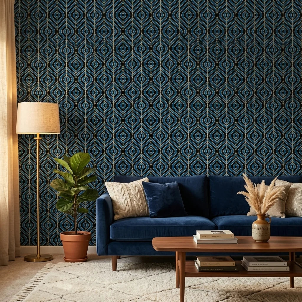 Sapphire Flame bold blue and gold ogee wallpaper creating ambiance in a serene bathroom