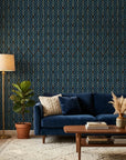 Sapphire Flame bold blue and gold ogee wallpaper creating ambiance in a serene bathroom