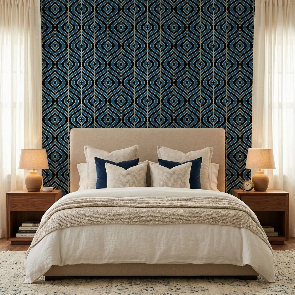 Sapphire Flame bold blue and gold ogee wallpaper in a warm and inviting living room