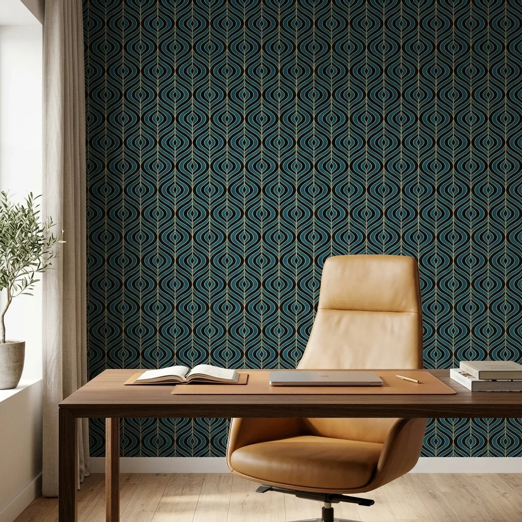 Sapphire Flame bold blue and gold ogee wallpaper adding character to a cozy bedroom