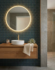 Sapphire Flame bold blue and gold ogee wallpaper as a feature wall in a bright home office