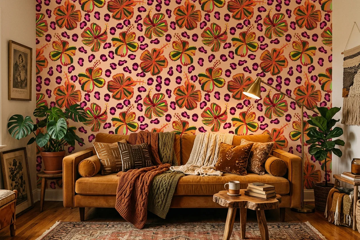 Savanna Bloom african floral wallpaper in a warm and inviting living room