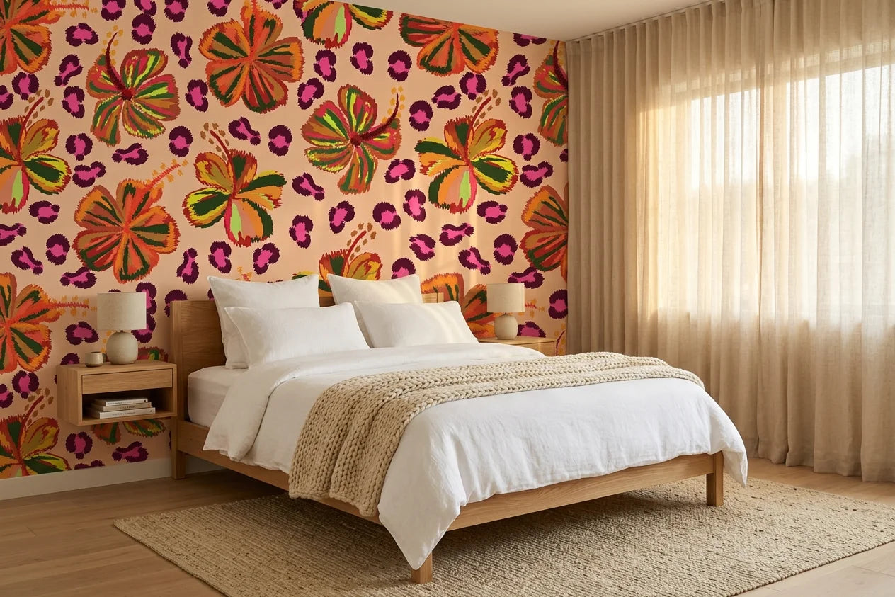 Savanna Bloom african floral wallpaper adding character to a cozy bedroom