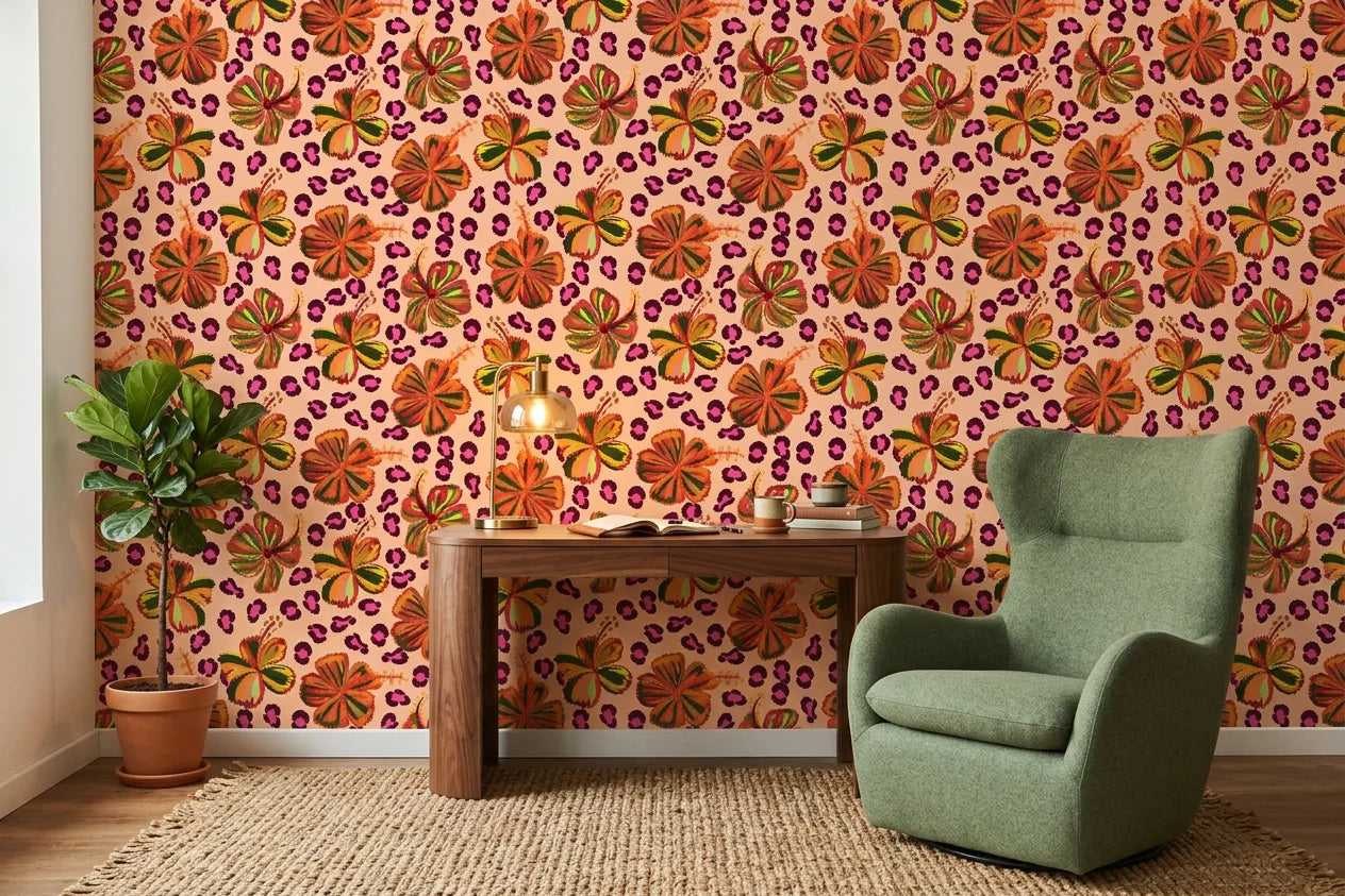 Savanna Bloom african floral wallpaper as a feature wall in a bright home office