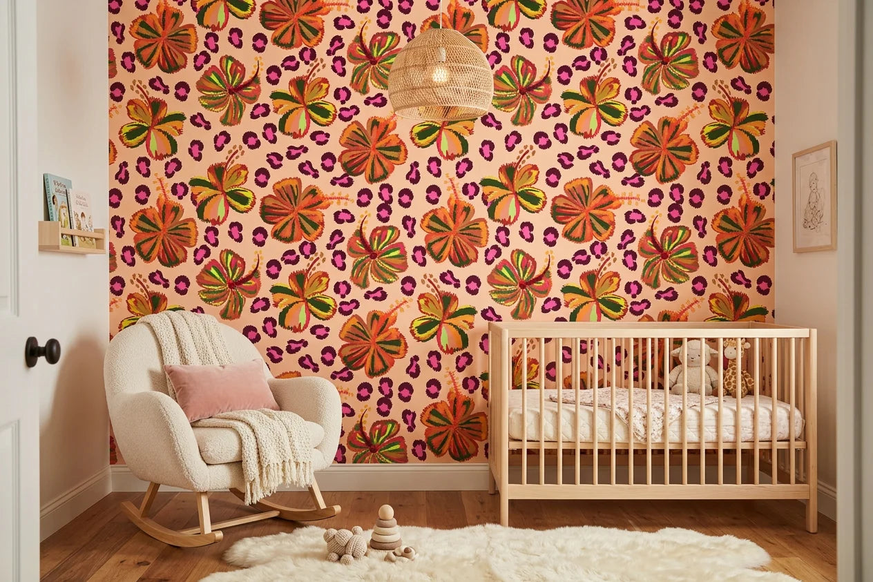 Savanna Bloom african floral wallpaper creating ambiance in a serene bathroom