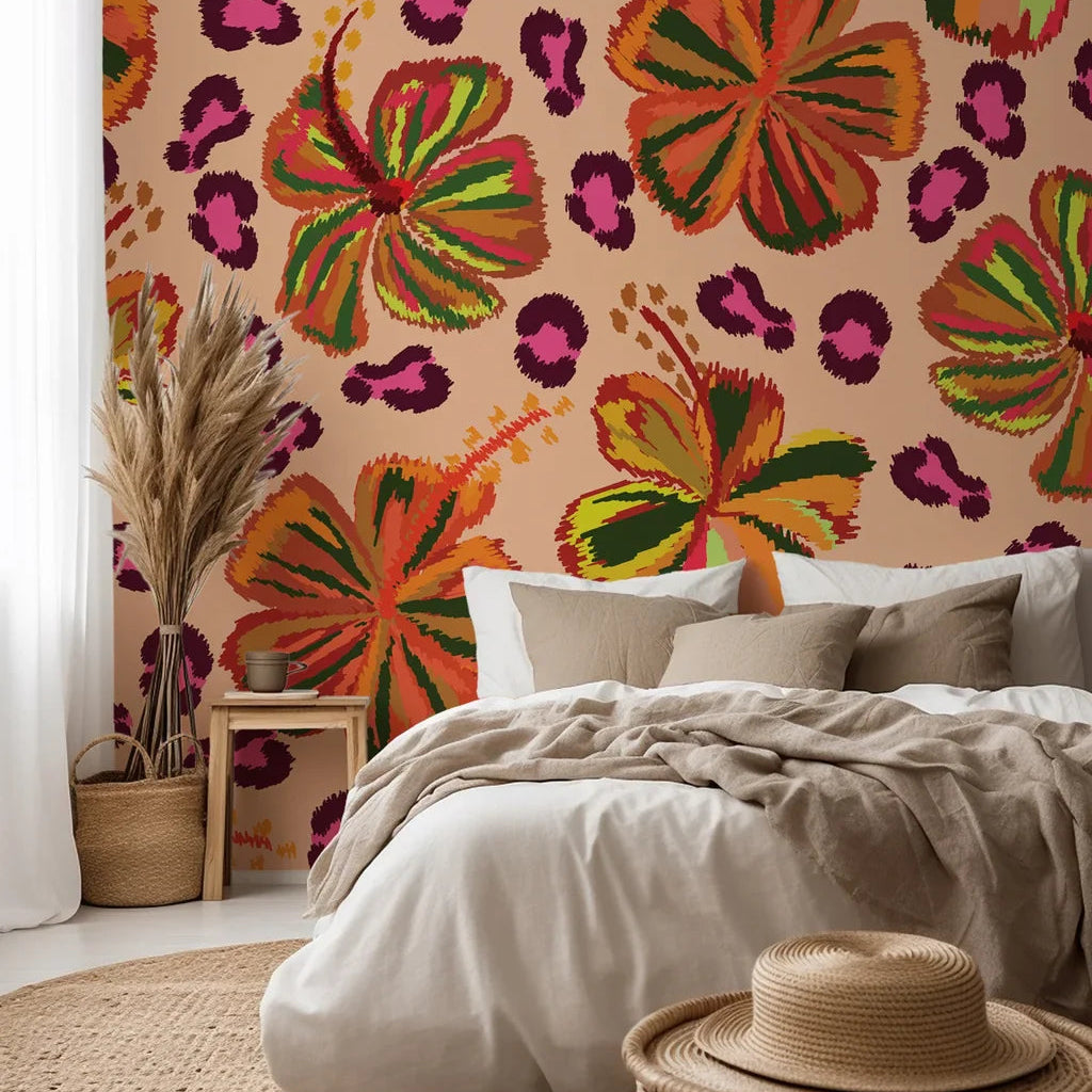 Vibrant tropical hibiscus flowers paired with leopard print on removable wallpaper