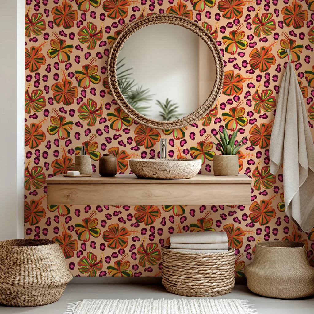 Vibrant tropical hibiscus blooms and exotic leopard spots on peel and stick wallpaper