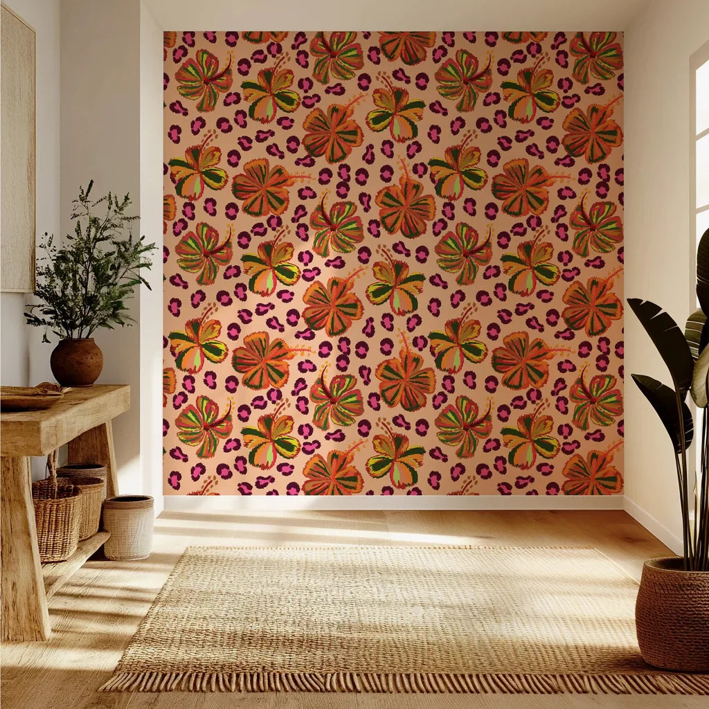 Vibrant hibiscus flowers and leopard print on self-adhesive wallpaper