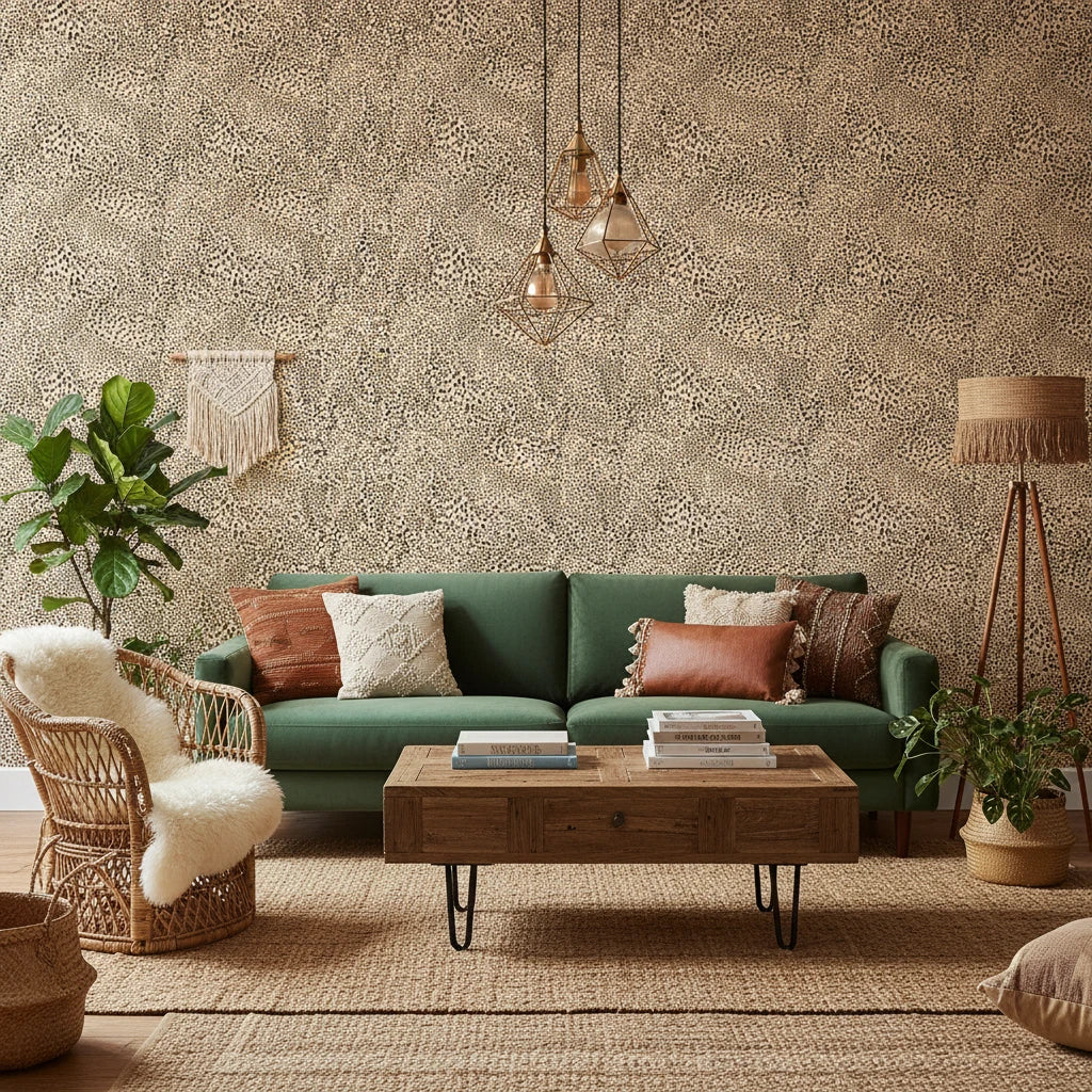 Savanna Pulse bold black and tan animal print wallpaper in a warm and inviting living room