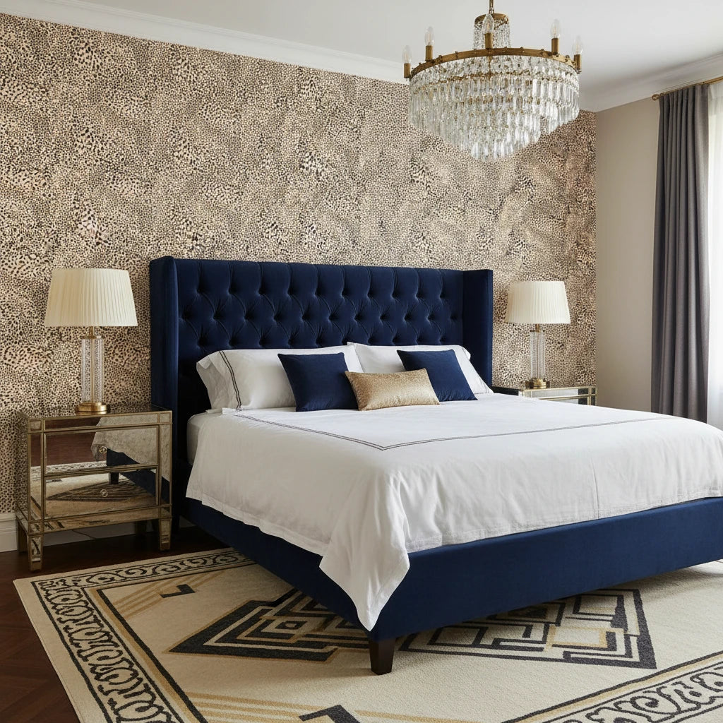 Savanna Pulse bold black and tan animal print wallpaper adding character to a cozy bedroom