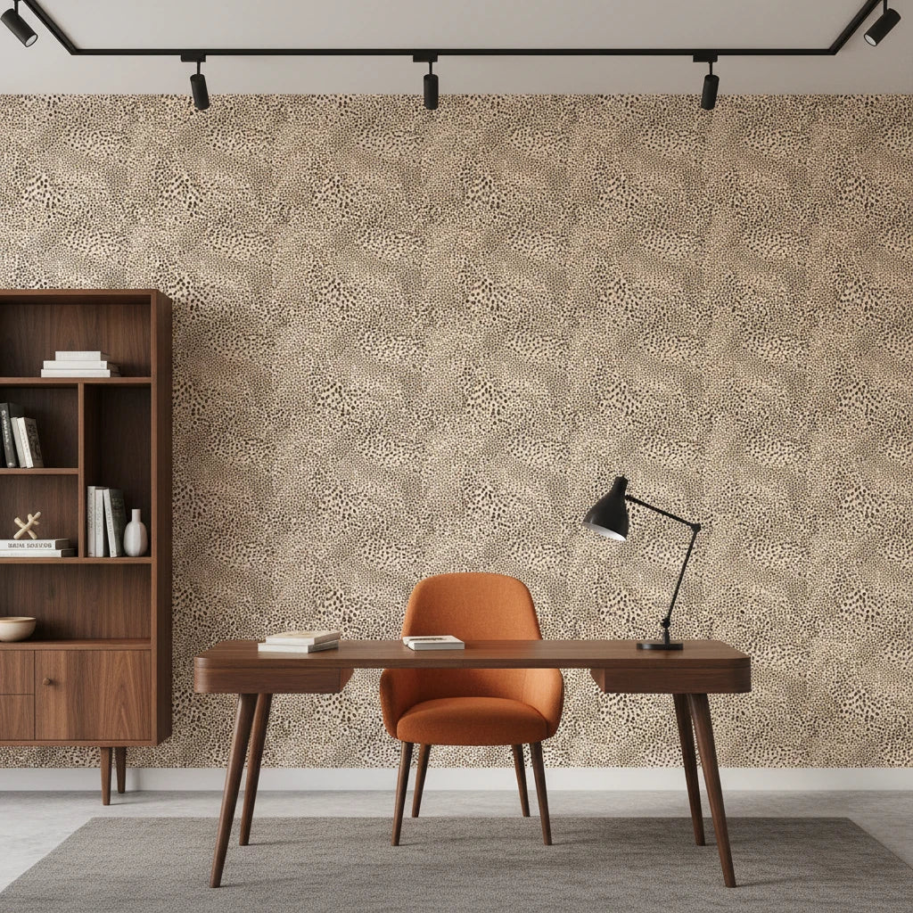 Savanna Pulse bold black and tan animal print wallpaper as a feature wall in a bright home office