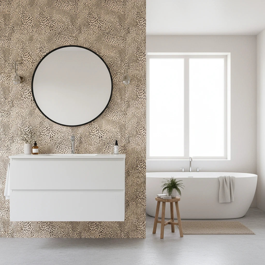 Savanna Pulse bold black and tan animal print wallpaper creating ambiance in a serene bathroom