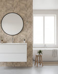Savanna Pulse bold black and tan animal print wallpaper creating ambiance in a serene bathroom