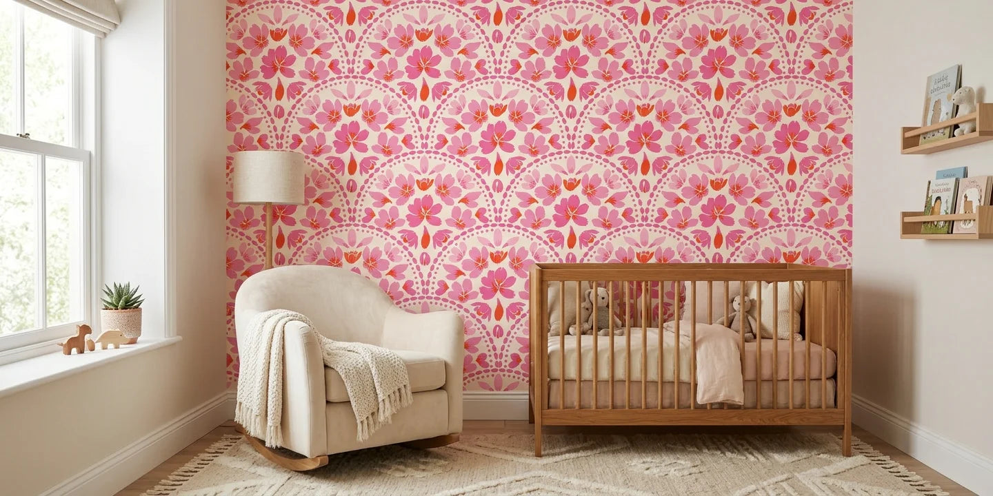 Scarlet Aura red abstract wallpaper in a warm and inviting living room