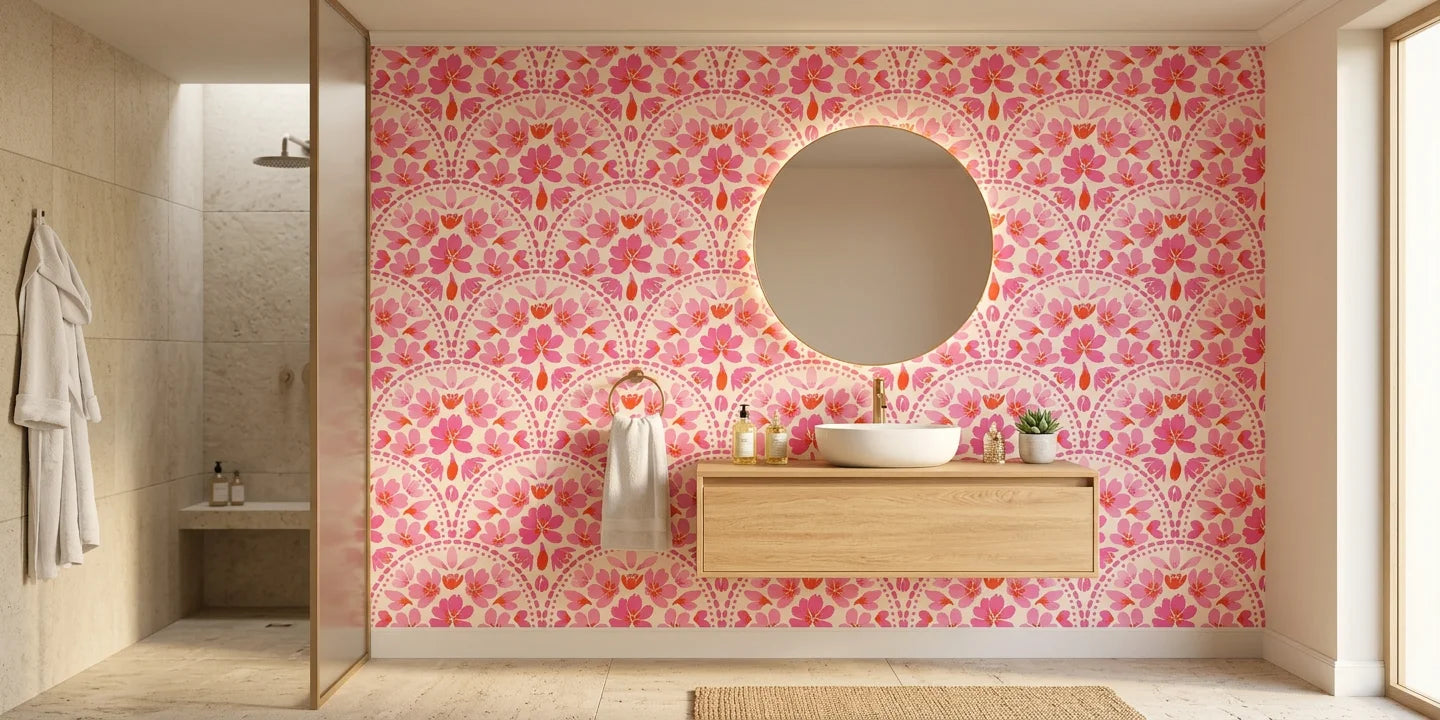 Scarlet Aura red abstract wallpaper as a feature wall in a bright home office