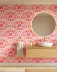 Scarlet Aura red abstract wallpaper as a feature wall in a bright home office