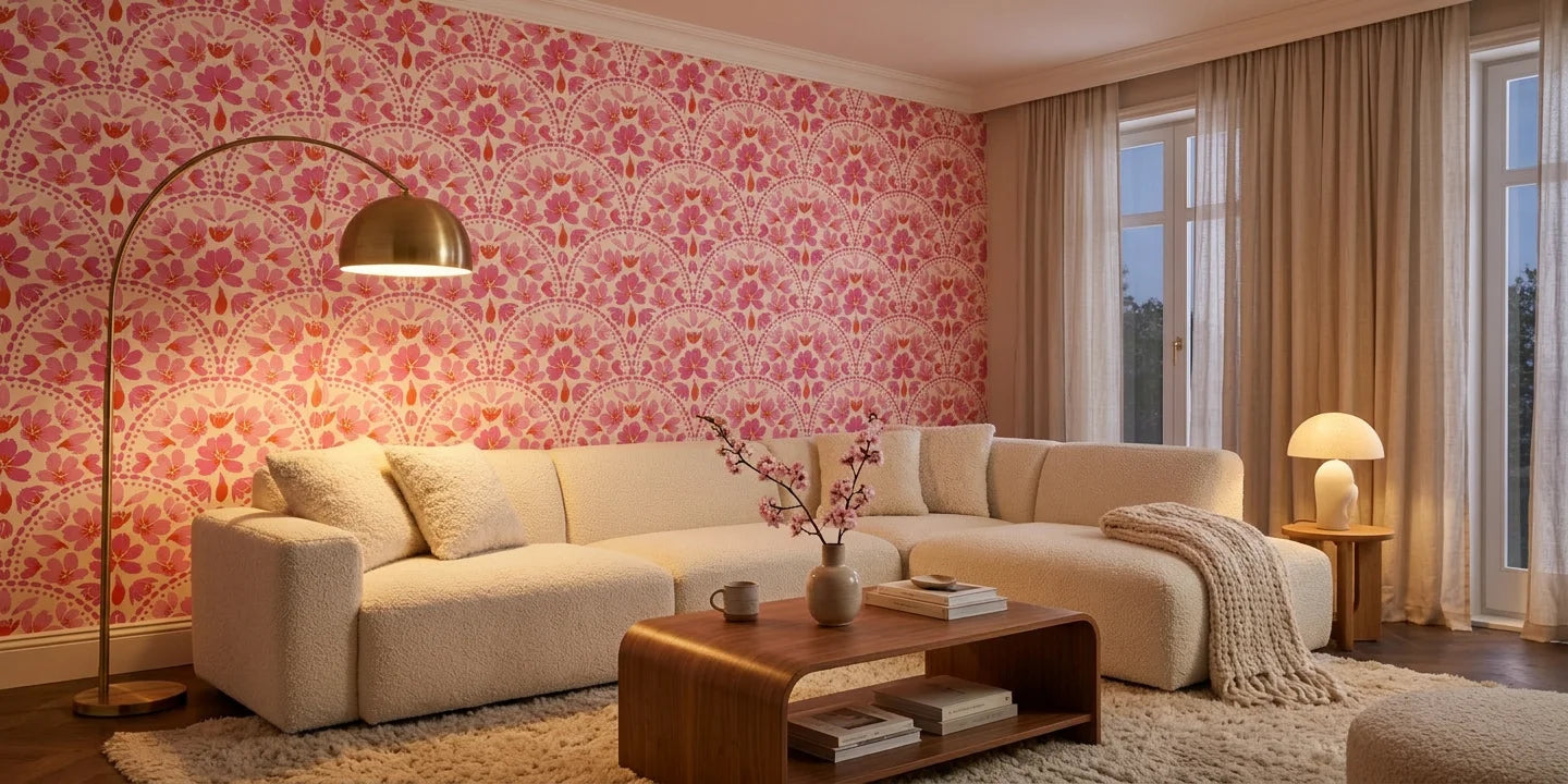 Scarlet Aura red abstract wallpaper creating ambiance in a serene bathroom