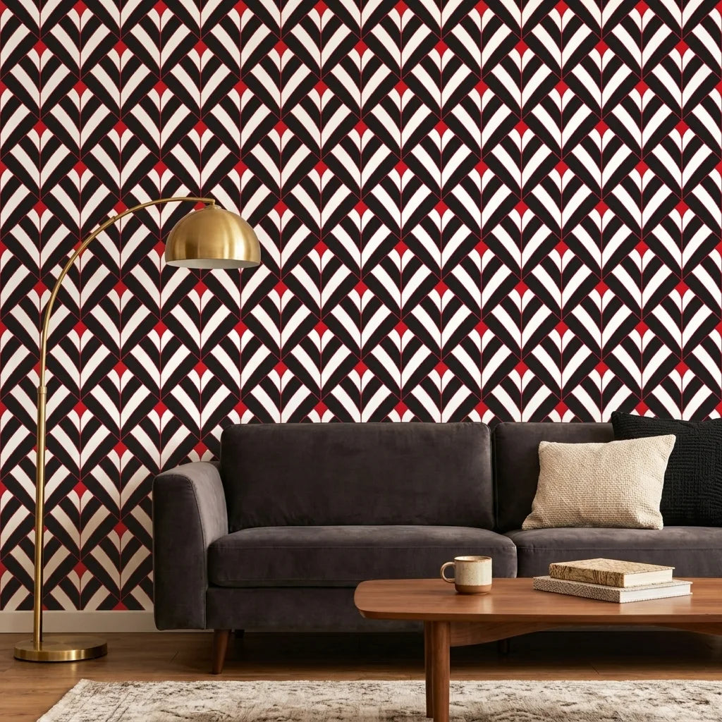 Scarlet Edge dramatic red and black geometric wallpaper creating ambiance in a serene bathroom