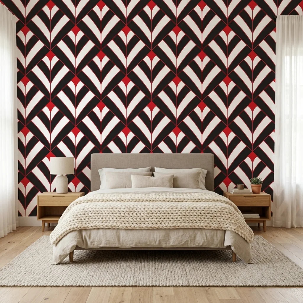 Scarlet Edge dramatic red and black geometric wallpaper in a warm and inviting living room