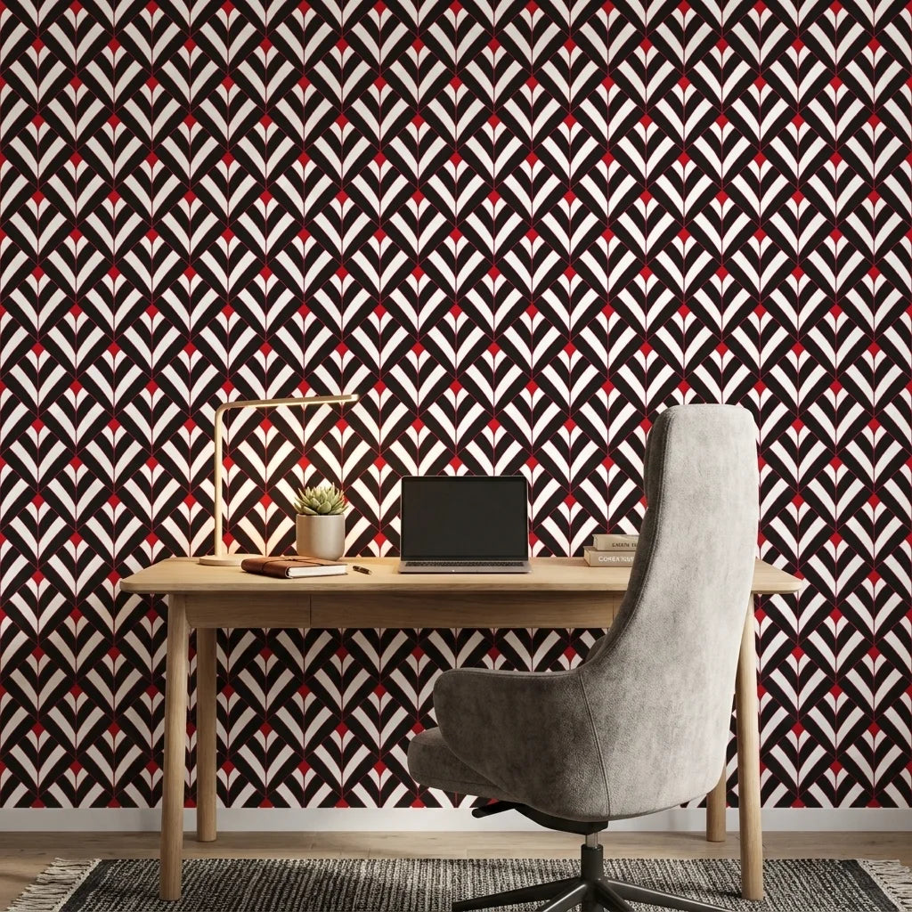 Scarlet Edge dramatic red and black geometric wallpaper adding character to a cozy bedroom
