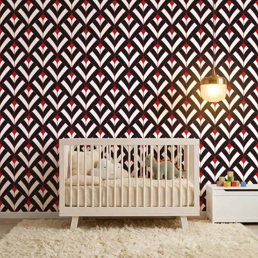 Scarlet Edge dramatic red and black geometric wallpaper as a feature wall in a bright home office