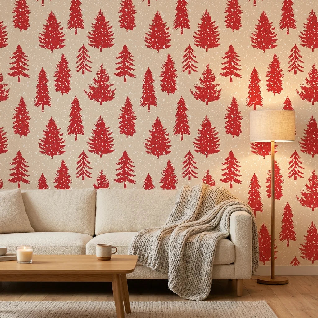 Scarlet Unfurling festive red christmas tree wallpaper in a warm and inviting living room