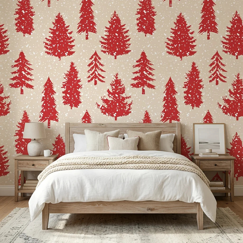Scarlet Unfurling festive red christmas tree wallpaper adding character to a cozy bedroom