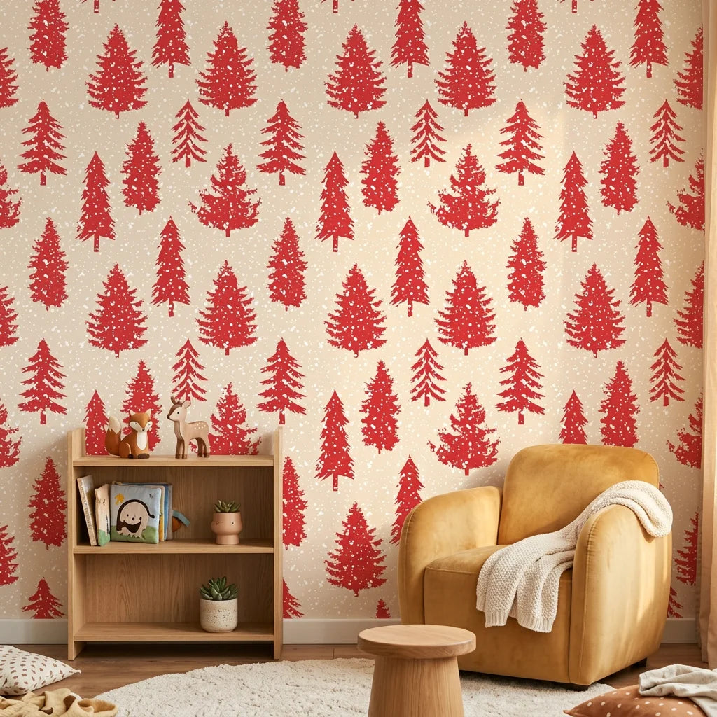 Scarlet Unfurling festive red christmas tree wallpaper as a feature wall in a bright home office