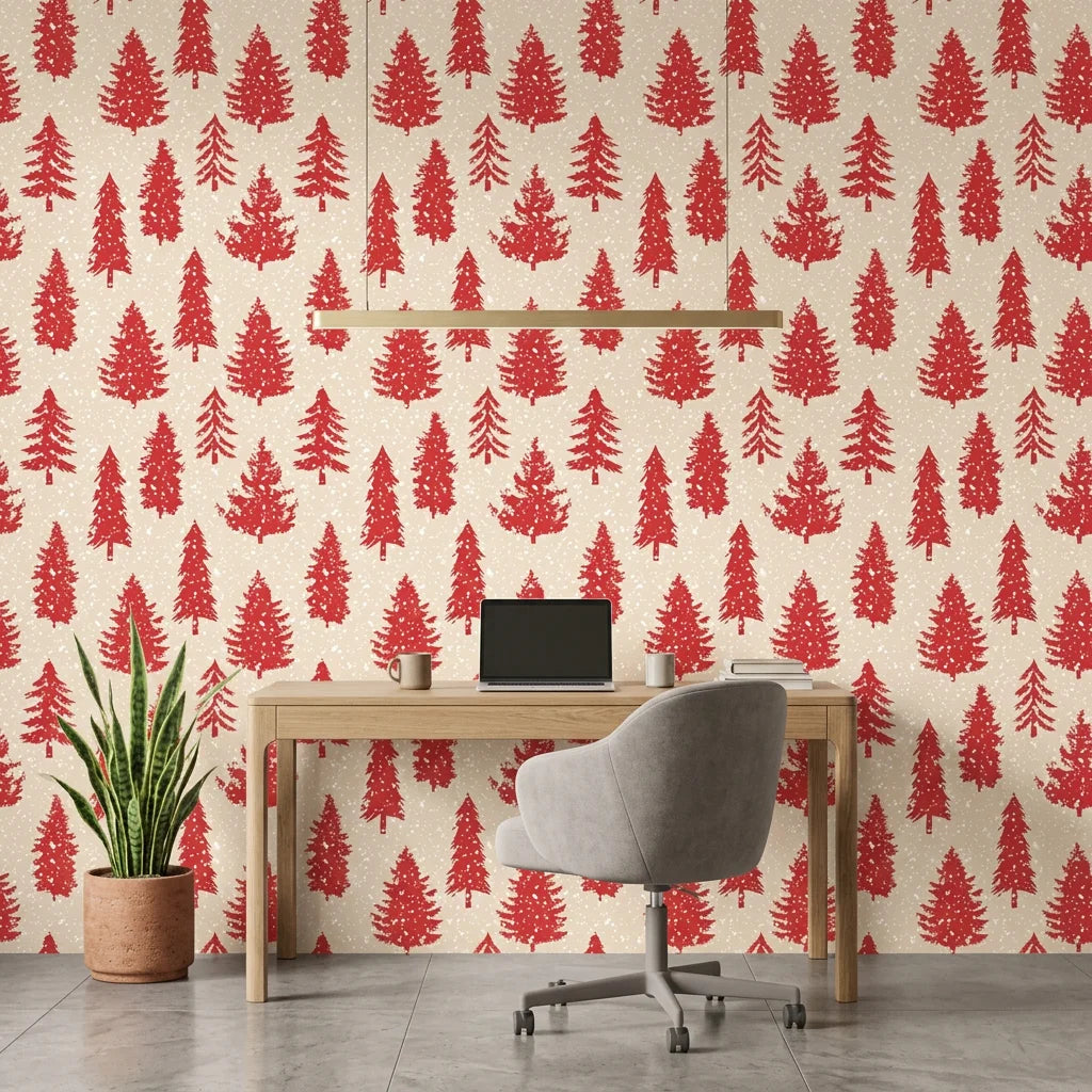 Scarlet Unfurling festive red christmas tree wallpaper creating ambiance in a serene bathroom