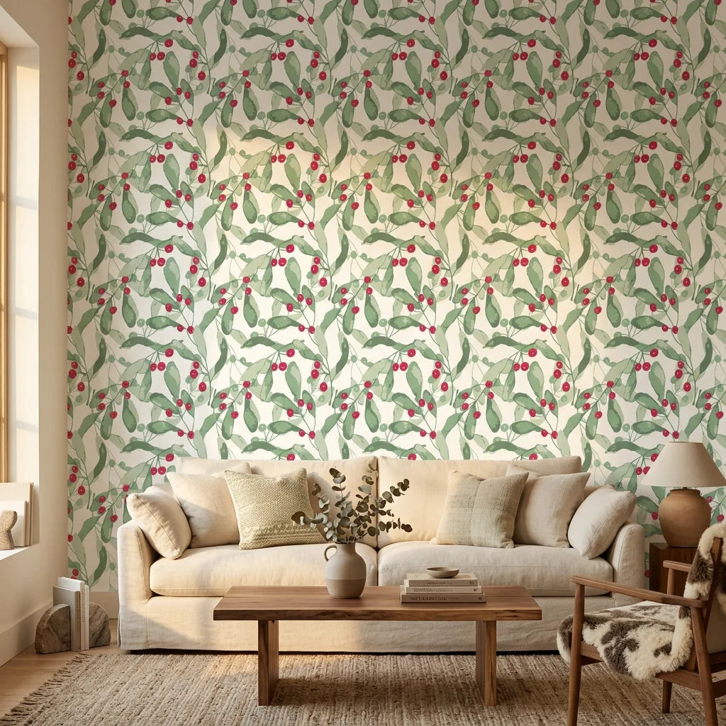 Scarlet & Sage green botanical peel and stick wallpaper in a warm and inviting living room
