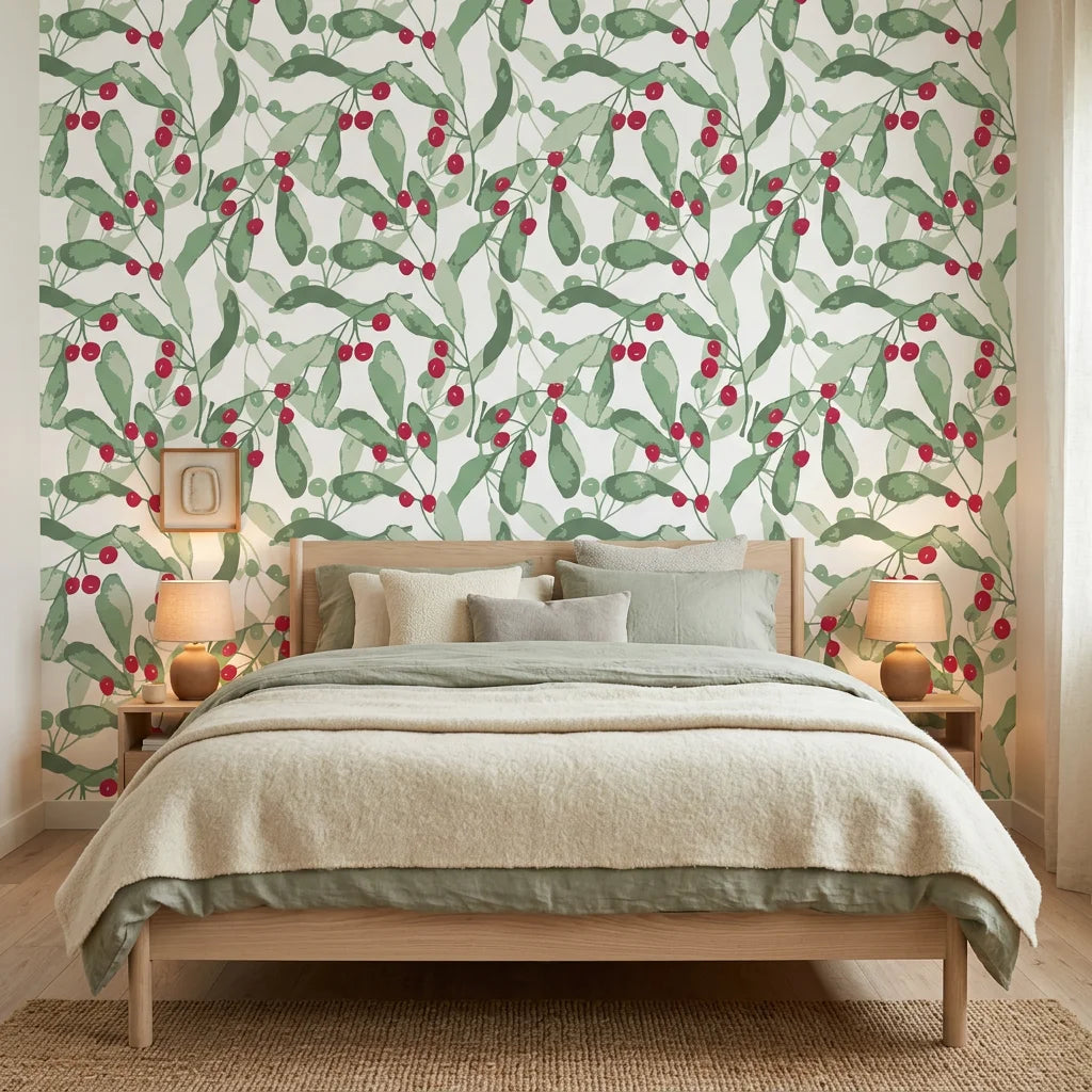 Scarlet & Sage green botanical peel and stick wallpaper adding character to a cozy bedroom