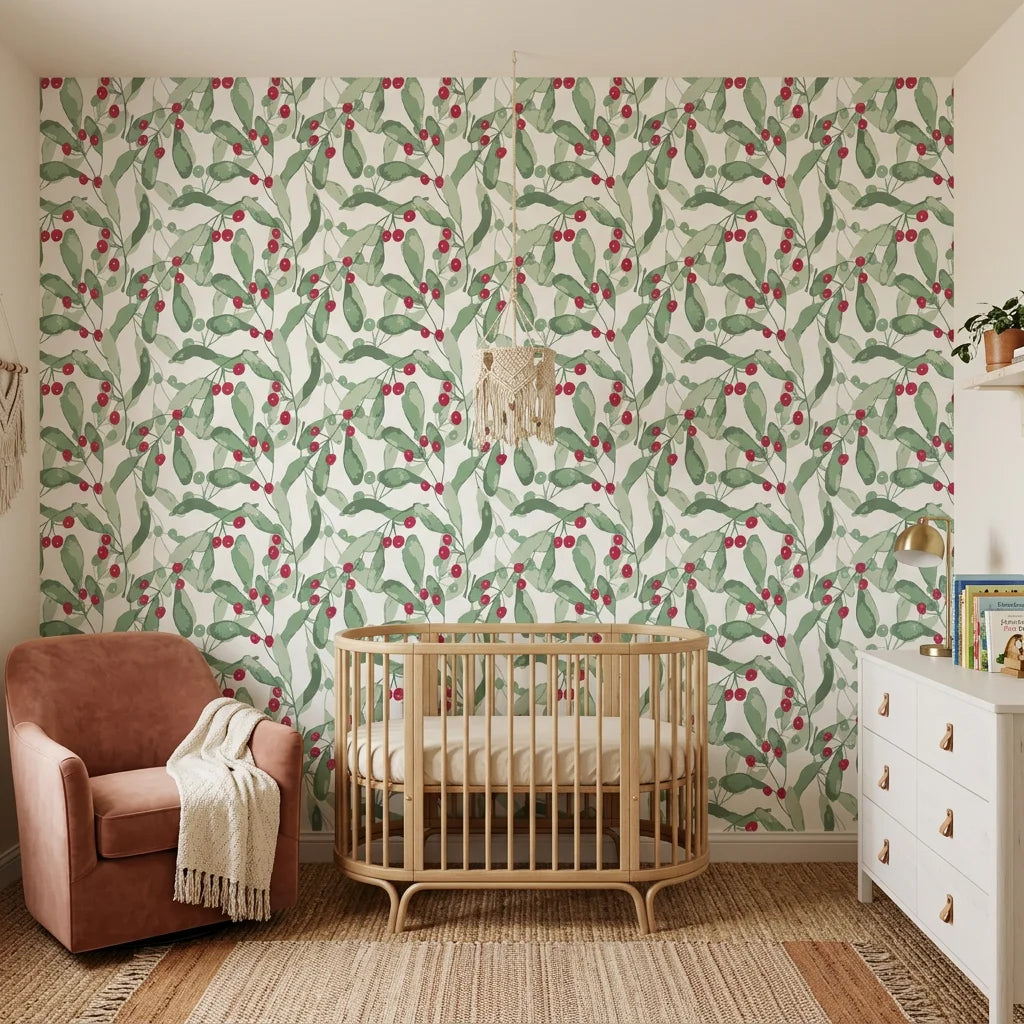 Scarlet & Sage green botanical peel and stick wallpaper as a feature wall in a bright home office