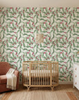 Scarlet & Sage green botanical peel and stick wallpaper as a feature wall in a bright home office
