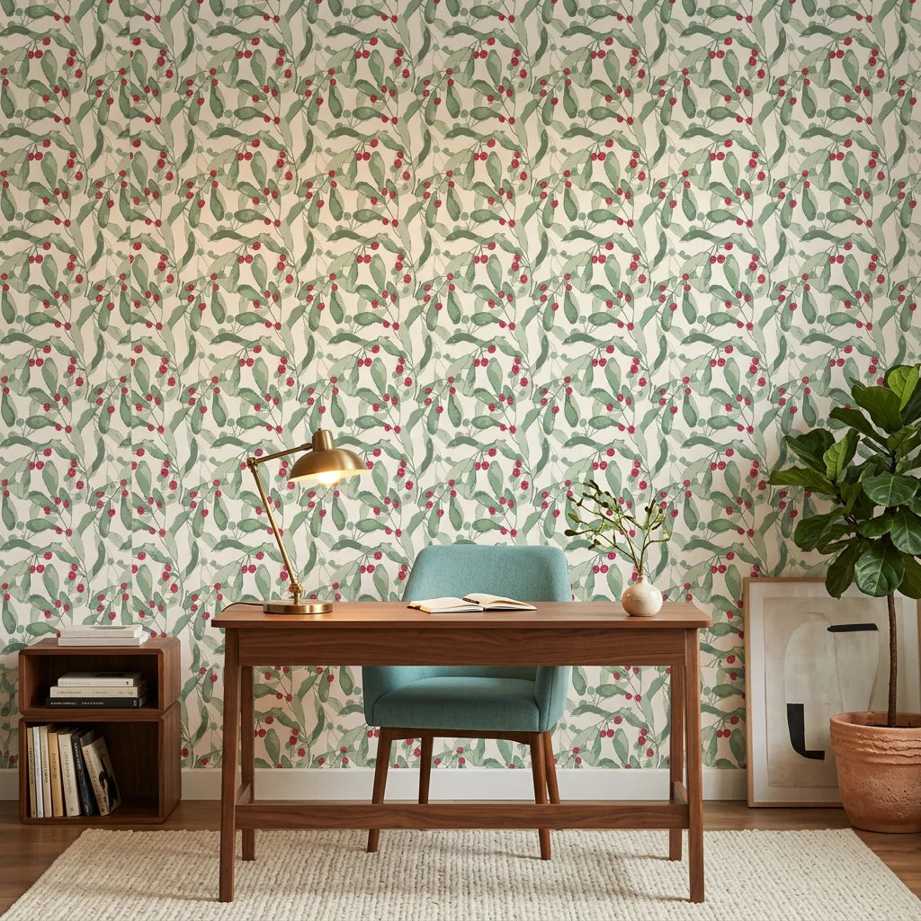 Scarlet & Sage green botanical peel and stick wallpaper creating ambiance in a serene bathroom