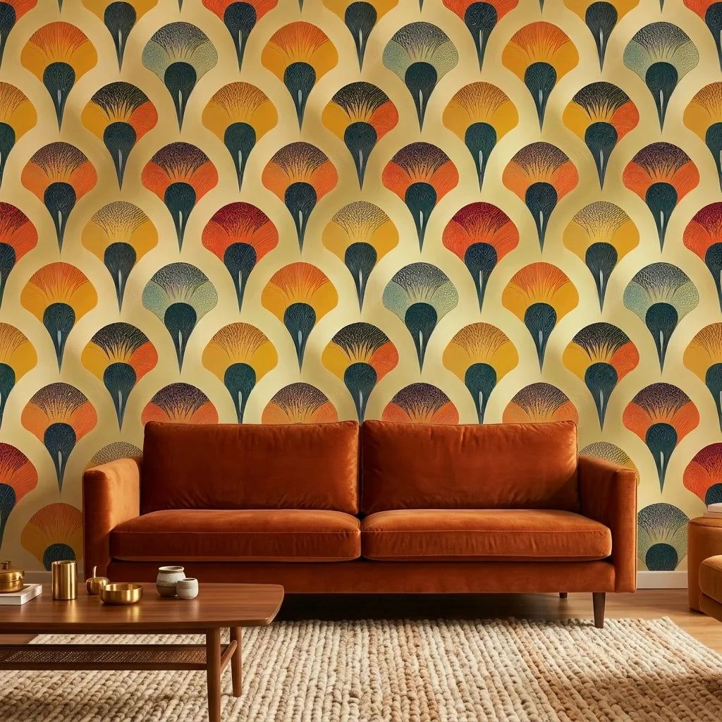Scattered Dusk warm art deco fan pattern wallpaper creating ambiance in a serene bathroom