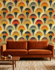 Scattered Dusk warm art deco fan pattern wallpaper creating ambiance in a serene bathroom