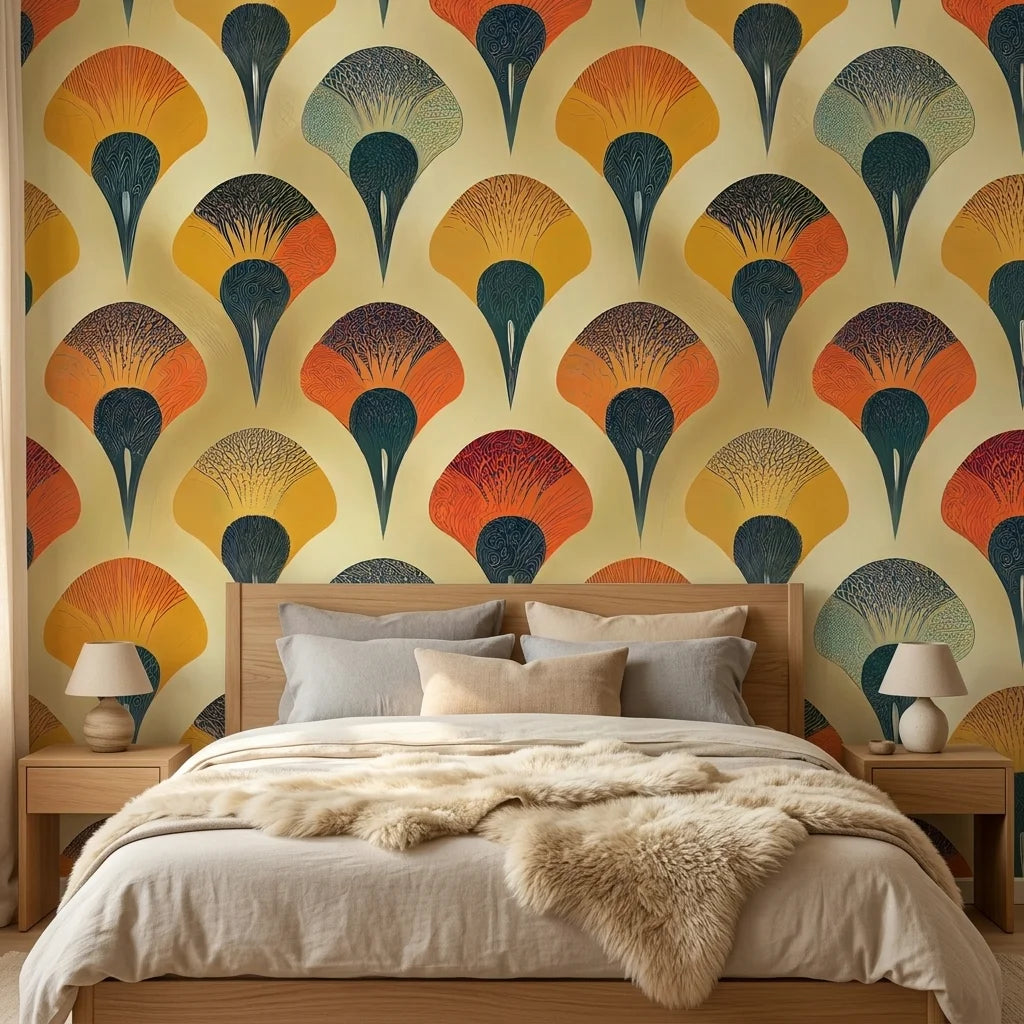 Scattered Dusk warm art deco fan pattern wallpaper in a warm and inviting living room