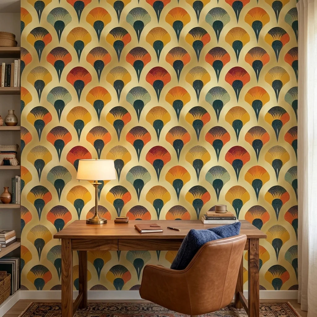 Scattered Dusk warm art deco fan pattern wallpaper adding character to a cozy bedroom