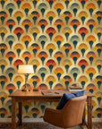 Scattered Dusk warm art deco fan pattern wallpaper adding character to a cozy bedroom